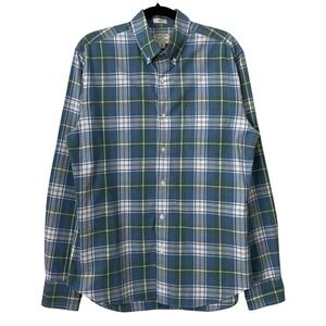 J. Crew Shirt Mens Medium Blue Green Slim Fit Secret Wash Organic Cotton Plaid